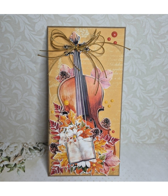 Muzyczna, jesienna kartka ze skrzypcami, liście, ksiażka, handmade
