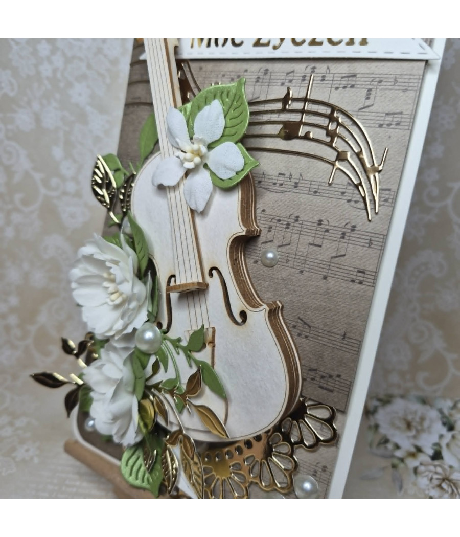 Muzyczna kartka na każdą okazję, skrzypce 3D, handmade, kwiaty