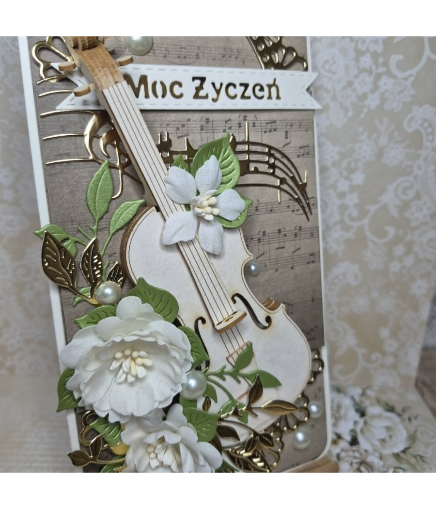 Muzyczna kartka na każdą okazję, skrzypce 3D, handmade, kwiaty