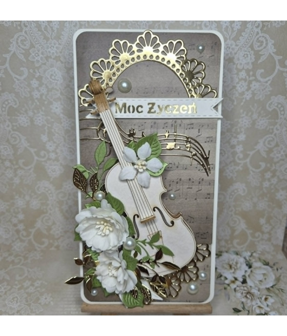 Muzyczna kartka na każdą okazję, skrzypce 3D, handmade, kwiaty