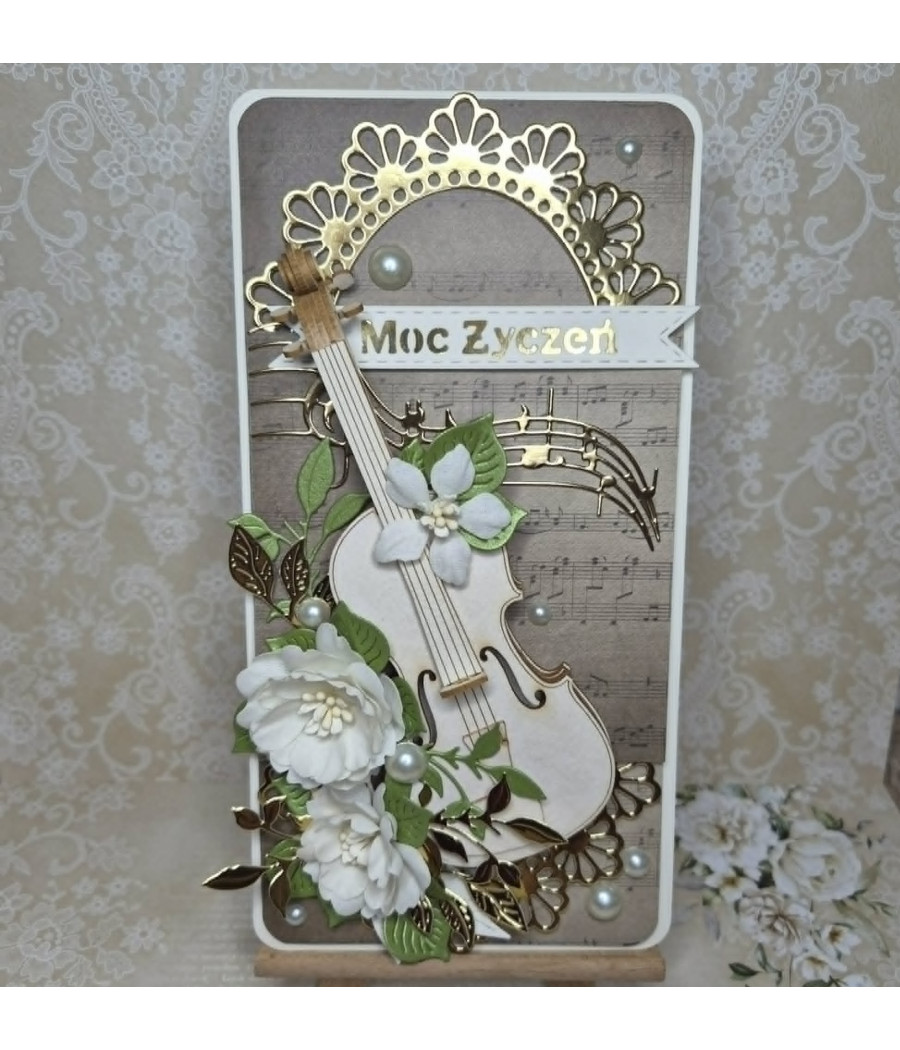 Muzyczna kartka na każdą okazję, skrzypce 3D, handmade, kwiaty