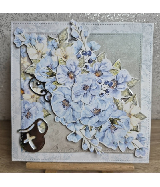 Niebieska kartka na Chrzest, kwiaty 3D, dzbanuszek, handmade