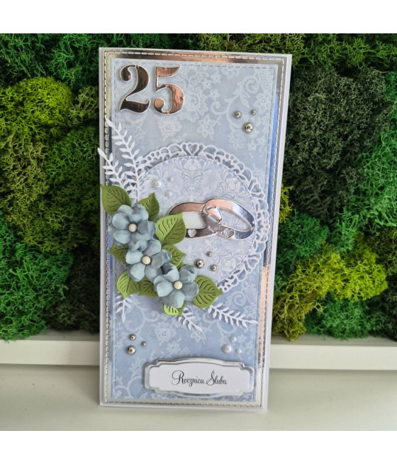 Błękitna kartka na 25 Rocznicę Ślubu, obrączki, handmade
