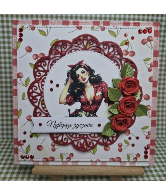 Czerwona kartka, wisienki, pin-up, róże, handmade