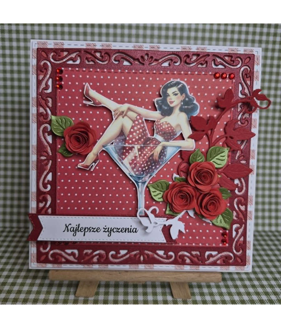 Czerwona kartka pin up girl w kieliszku, handmade