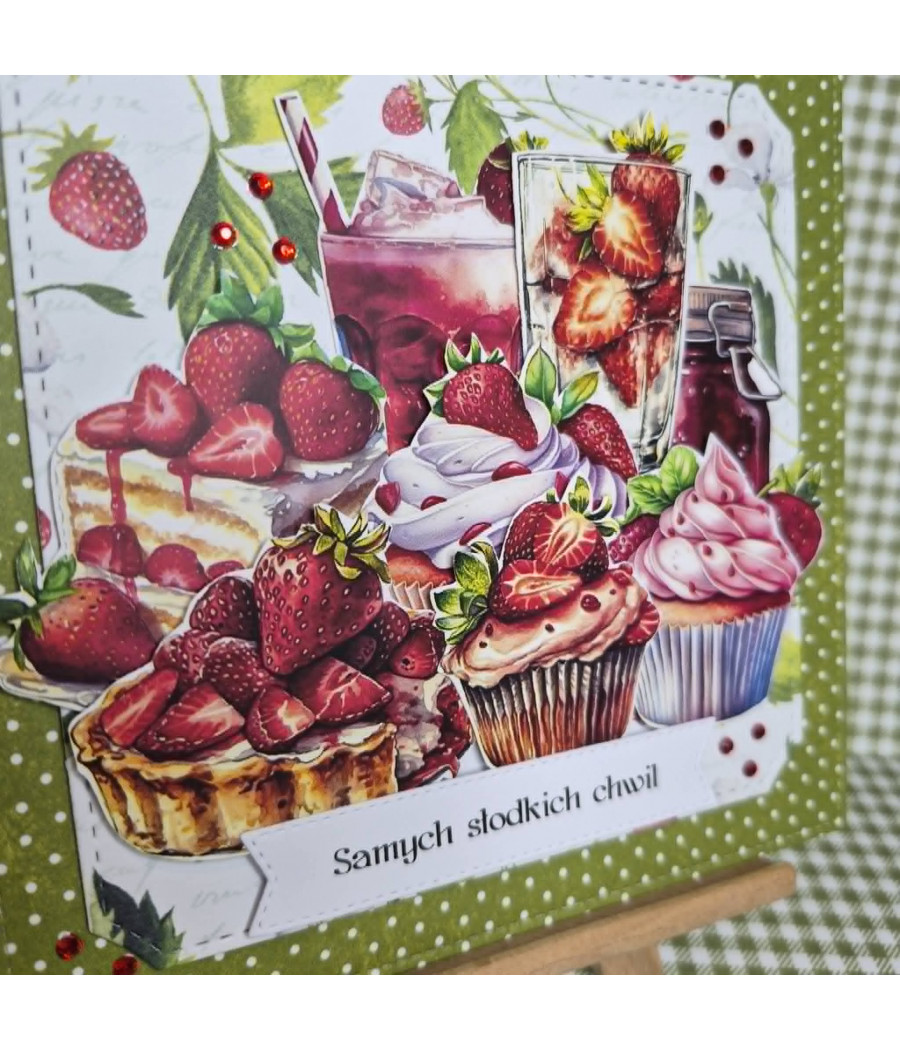 Zielona, owocowa kartka na każdą okazję, truskawki, handmade