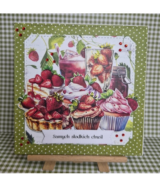 Zielona, owocowa kartka na każdą okazję, truskawki, handmade