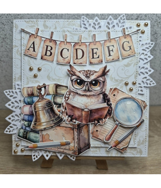 Kartka, podziękowania na koniec roku szkolnego, sowa, lupa, handmade