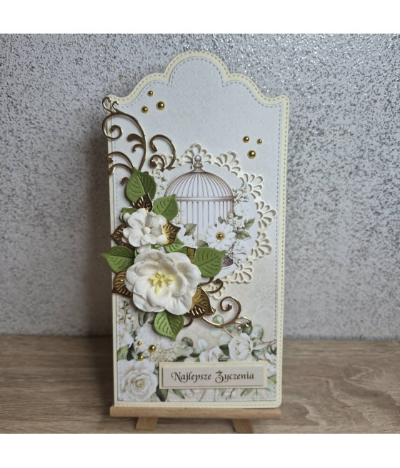Beżowo-złota kartka na każdą okazję, kwiaty, klatka ozdobna, handmade