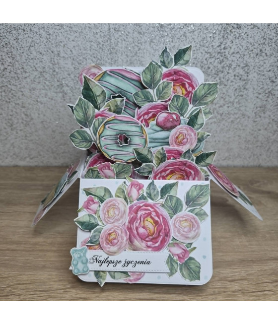 Różowo-miętowy pop-up box z różami, kartka 3D, kwiaty, handmade