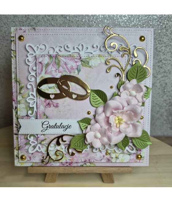 Różowa kartka na ślub, Gratulacje, kwiaty, handmade