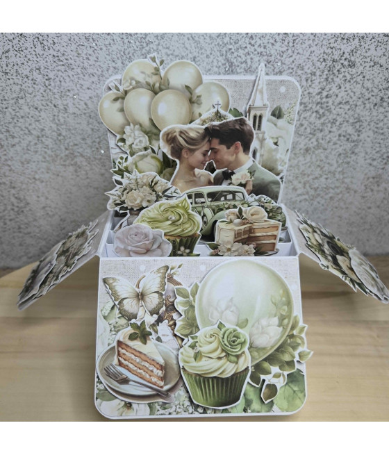 Zielony pop up box na ślub, para młoda, kwiaty, balony, handmade
