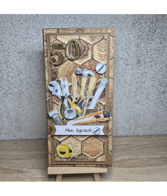 Męska, drewniana kartka na 50 urodziny, z narzędziami, handmade