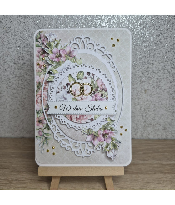 Beżowo-różowa kartka na ślub, obrączki, A6, handmade
