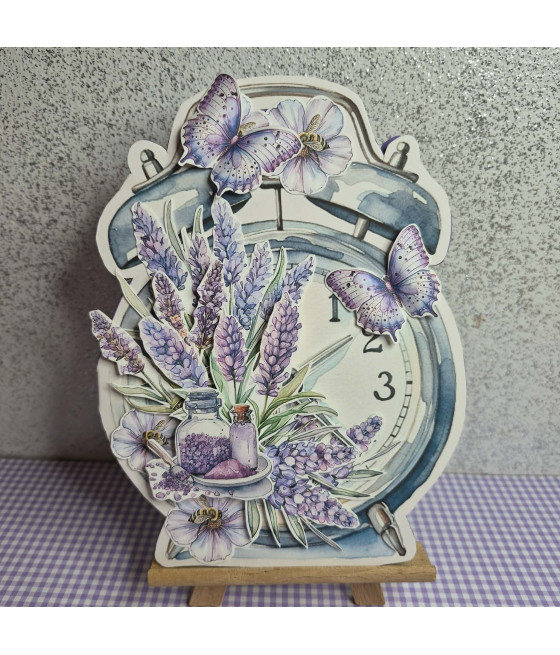 Fioletowa kartka w kształcie budzika, lawenda, handmade
