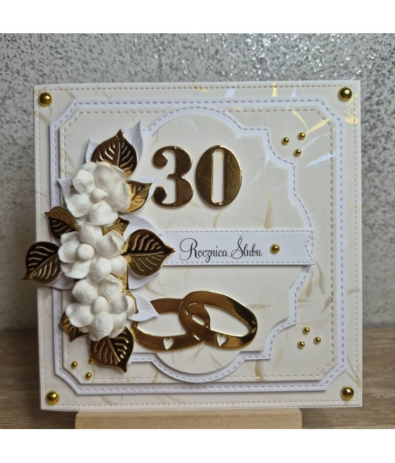 Kremowa kartka na 30rocznicę ślubu, obrączki, handmade