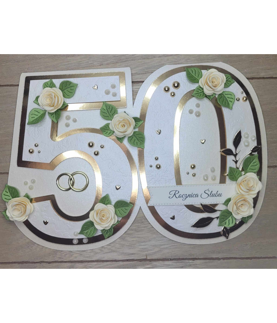 Kartka 50tka, 50 rocznica ślubu, złoto-beżowa