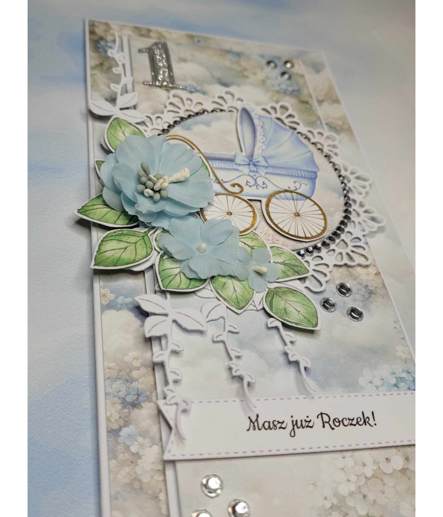 Błękitna kartka z wózeczkiem, Roczek, handmade