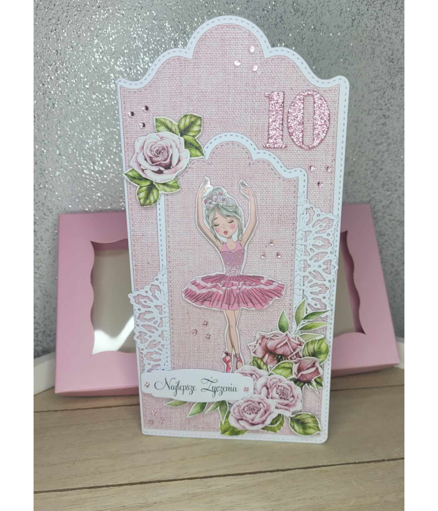 Różowa kartka, 10 urodziny, baletnica, handmade
