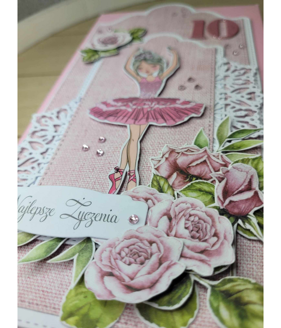Różowa kartka, 10 urodziny, baletnica, handmade