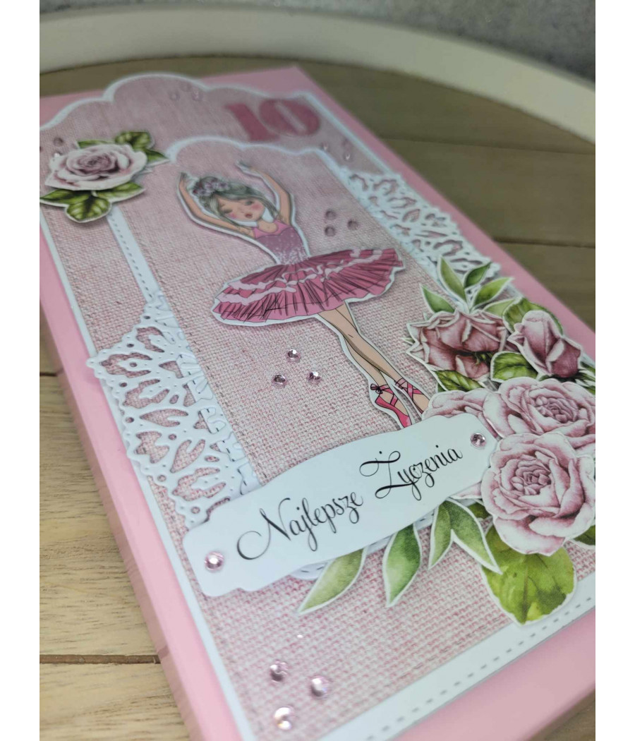 Różowa kartka, 10 urodziny, baletnica, handmade