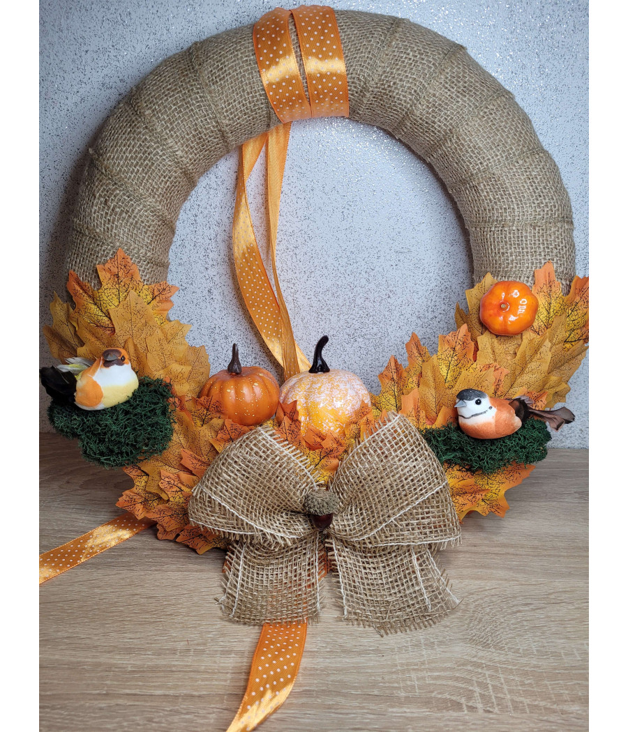 Jesienny wianek, dynie, ptaszki, liście, handmade Jesienny wianek, dynie, ptaszki, liście, handmade