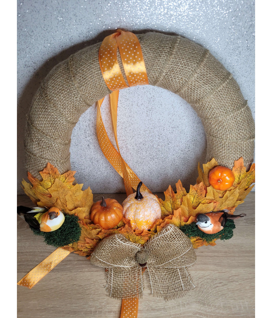 Jesienny wianek, dynie, ptaszki, liście, handmade