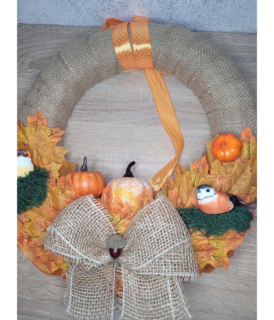 Jesienny wianek, dynie, ptaszki, liście, handmade