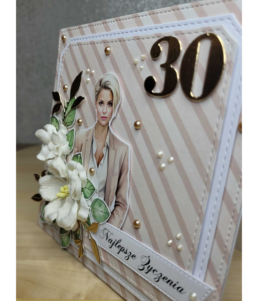 Beżowa, elegancka kartka, 30 urodziny, handmade