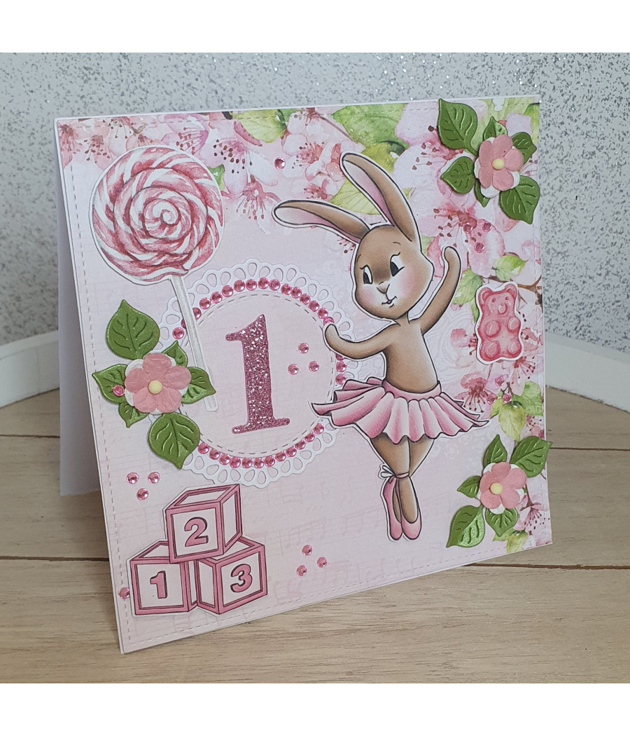 Różowa kartka na roczek, zajączek baletnica, lizak, handmade