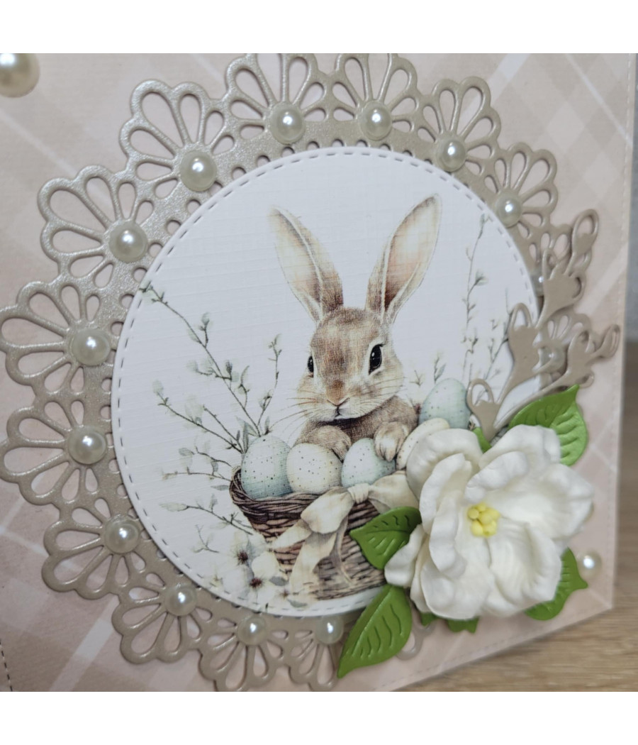 Kartka Wielkanocna z zajaczkiem w koszyku, bazie, handmade