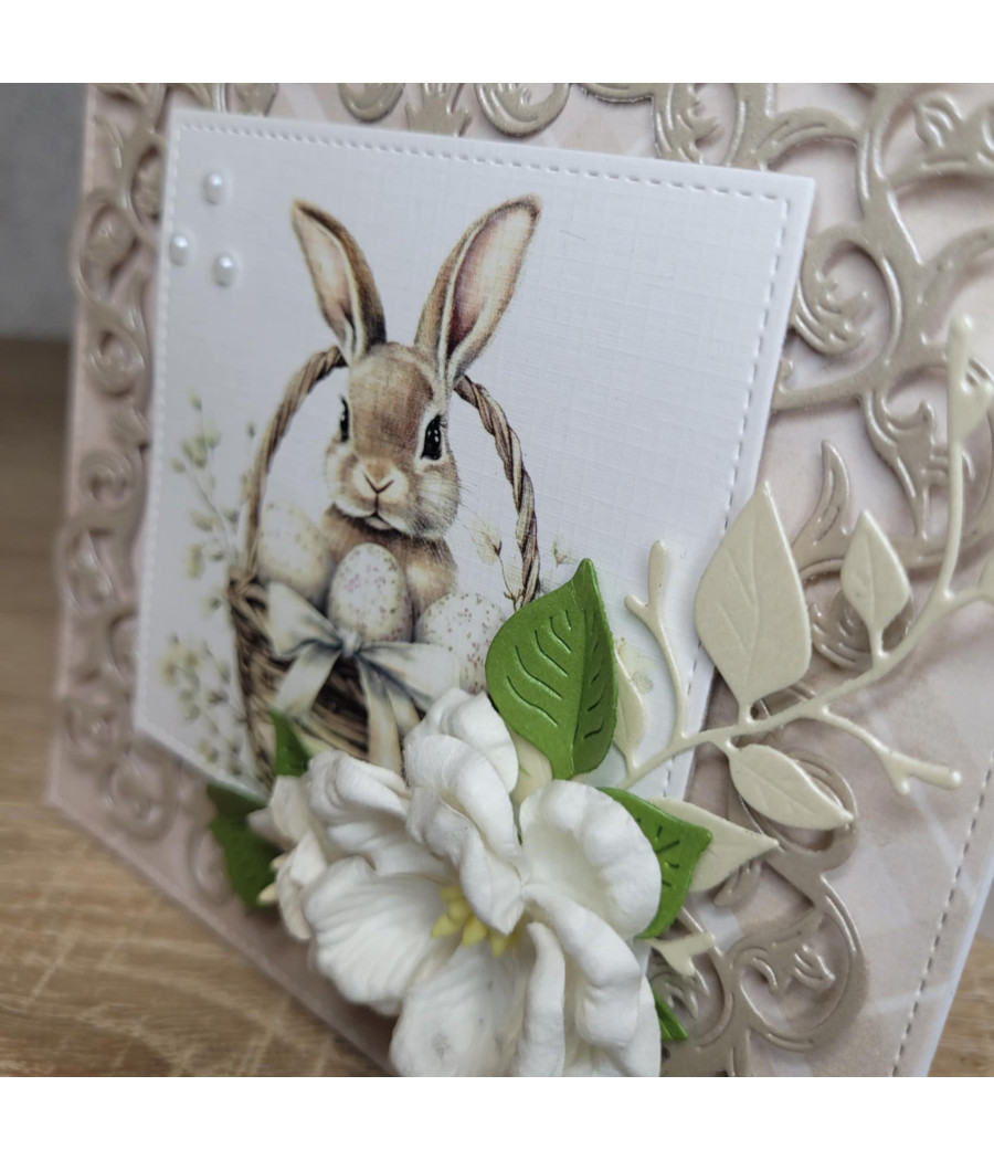 Kartka Wielkanocna, zajączek, kwiaty, handmade