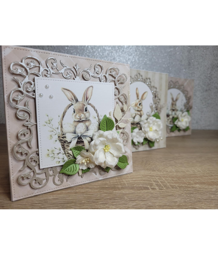 Kartka Wielkanocna, zajączek, kwiaty, handmade