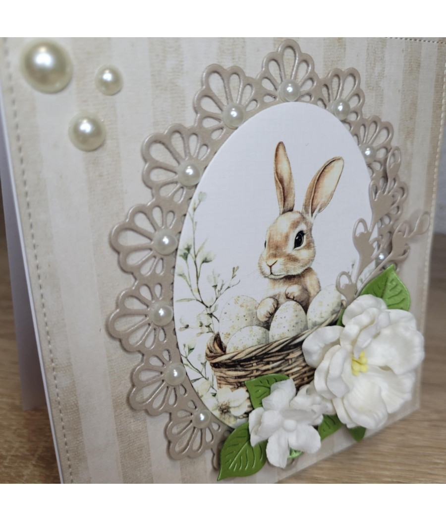 Wielkanocna kartka z zajączkiem, kwiaty, bazie, handmade