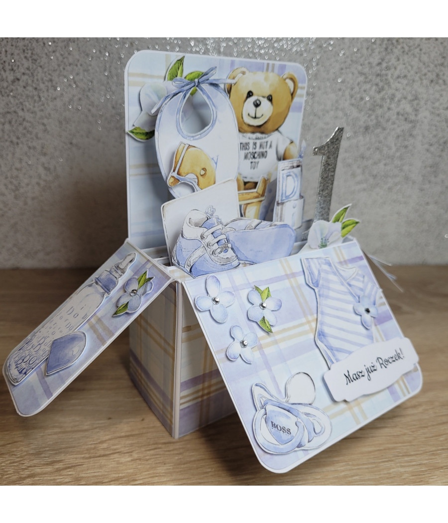 Błękitna kartka 3D, pop-up na Roczek, handmade