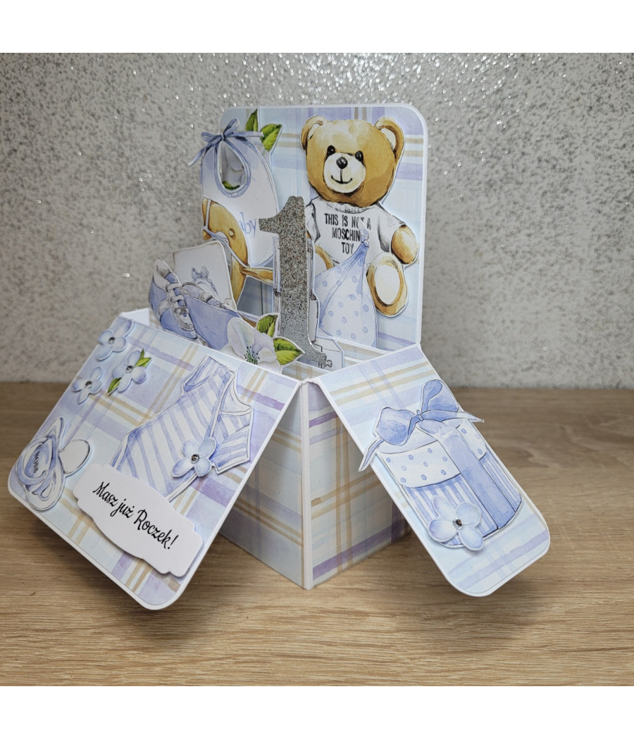 Błękitna kartka 3D, pop-up na Roczek, handmade
