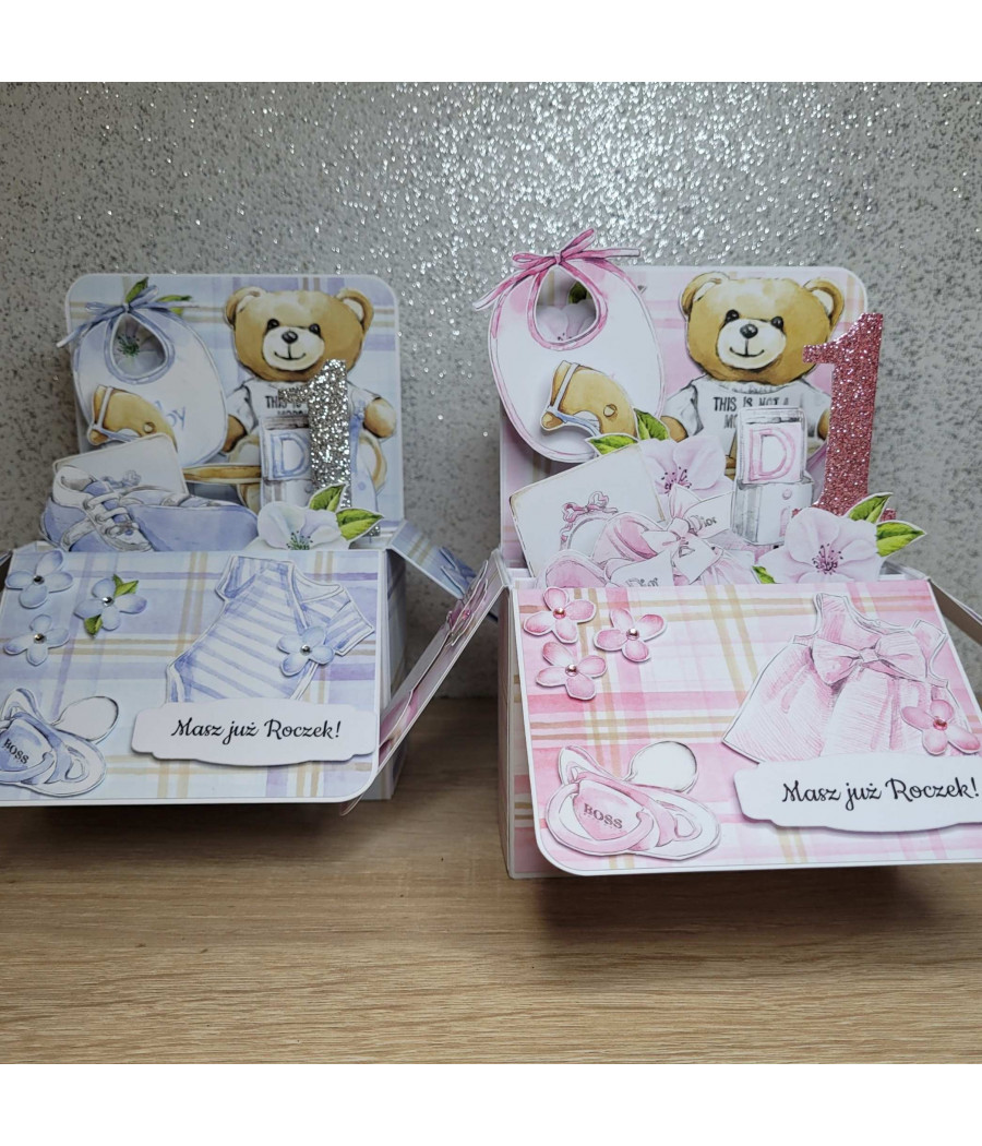 Personalizowana kartka 3D, pop-up box, na zamówienie, urodziny, Roczek, handmade